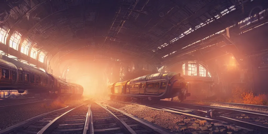 Prompt: futuristic steampunk train in railstation, stunning volumetric lighting, sundown, trending on Artstation, 8k, photorealistic, hyper detailed, unreal engine 5, cinematic, epic lighting, cryengine, octane render, cyberpunk, red and orange glow