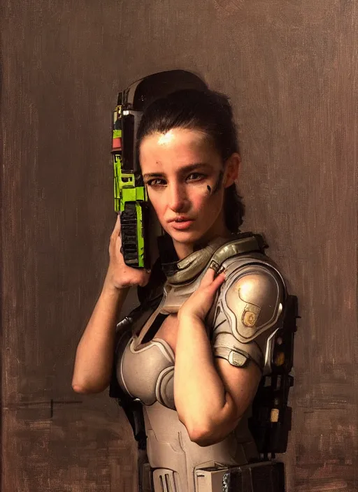 Image similar to Beautiful Maryanne. beautiful cyberpunk Frogtrooper wearing a military vest and tactical military stealthsuit (cyberpunk 2077, Blade Runner 2049). gorgeous face. Orientalist portrait by john william waterhouse and Edwin Longsden Long and Theodore Ralli and Nasreddine Dinet, oil on canvas. Cinematic, hyper realism, realistic proportions, dramatic lighting, high detail 4k