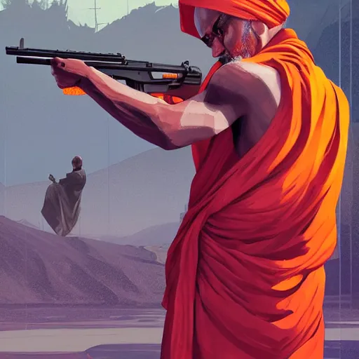 Prompt: GTA V Cover art of Ghandi in orange monk robes holding a rifle, Grand Theft Auto, CIV Ghandi, by Christopher Balaskas and artgerm, vibrant, digital art, landscape, studio lighting, model, realism, 4k