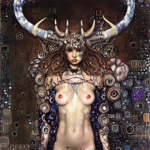 Prompt: horned cybernetic demon, circuitry, intricate detail, klimt, royo,