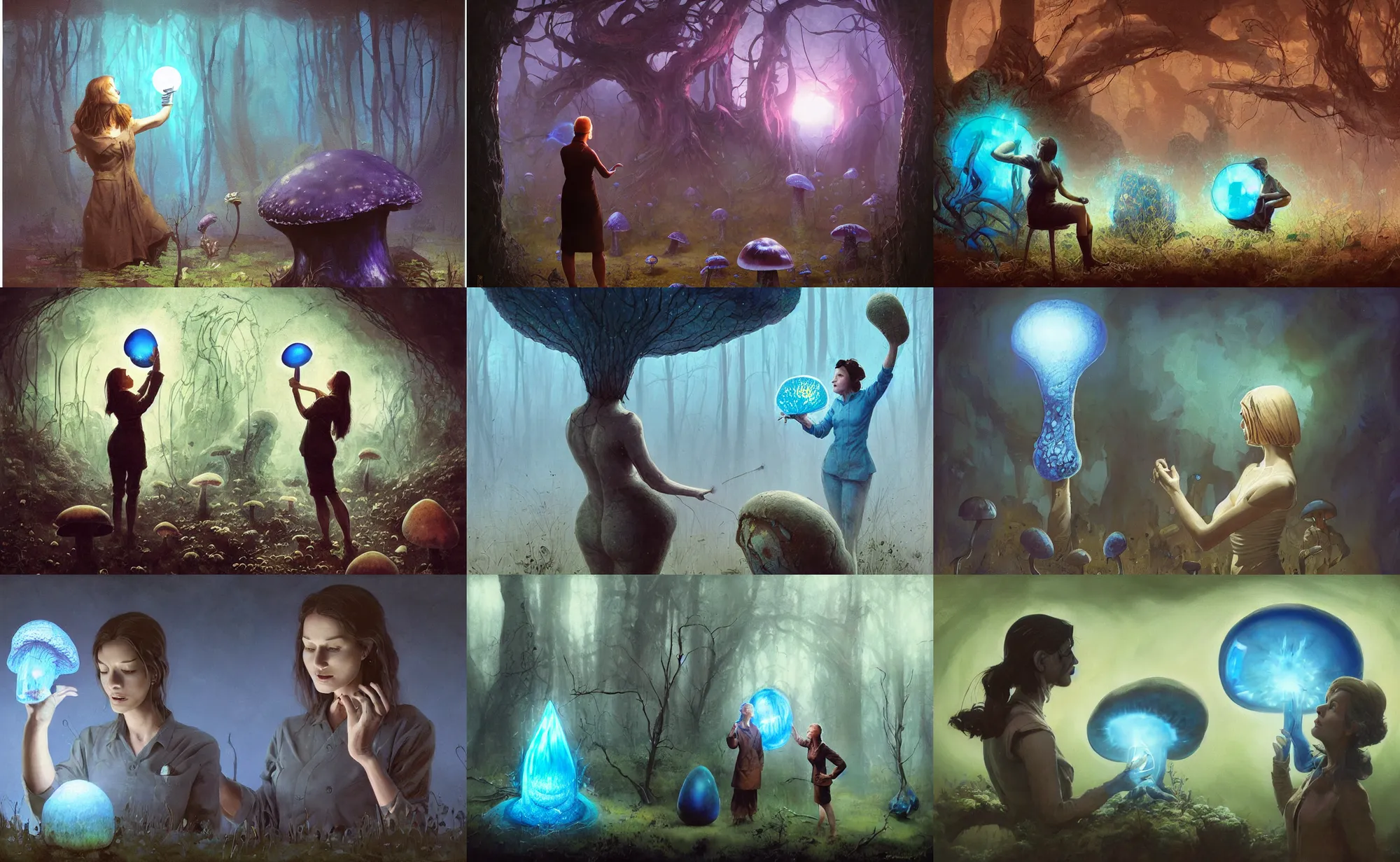 Prompt: A mixed media portrait painting of an aesthetic! woman scientist examining a giant blue glowing mushroom in a mire, mycologist, detailed Aesthetic! face and eyes, slavic, by Beeple, Frank Frazetta, Greg Rutkowski, Christian MacNevin, Boris Vallejo, epic fantasy character art, high fantasy, CGsociety, exquisite detail, post-processing, masterpiece, cinematic