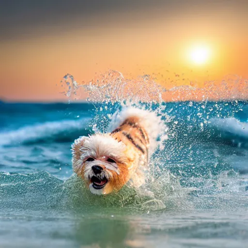 Image similar to a closeup photorealistic photograph of a cute smiling tiger bichon puppy splashing in the surf during sunset. professional capture, well lit shot. this 4 k hd image is trending on artstation, featured on behance, well - rendered, extra crisp, features intricate detail, epic composition and the style of unreal engine.