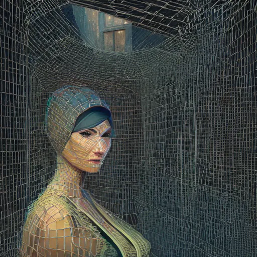 Image similar to detailed face of an arabic woman, opulent wireframe courtyard, moment, tectonic sky, skydome, reactor, utopian, tech noir, wet reflections, prism, atmospheric, ambient, pj crook, syd mead, livia prima, artgerm, greg rutkowski, nick alm, casey baugh