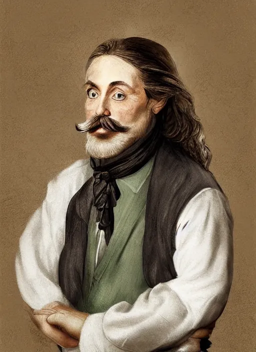 Prompt: an old french baron, long hair, wear an elegant mustach, white scarf, green shirt by artgem, digital art, highly detailled