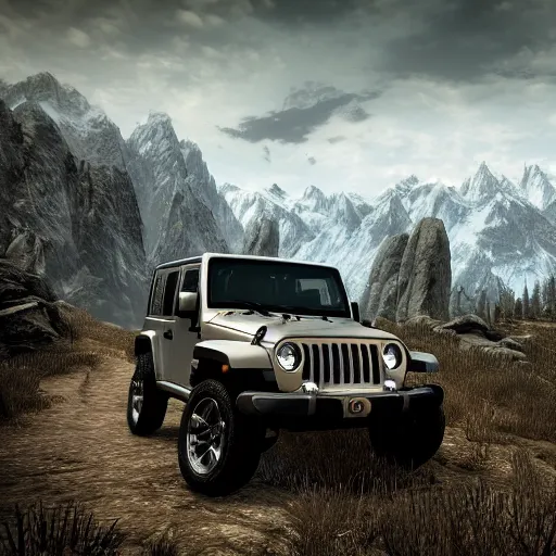 Image similar to Jeep, Professional Photography, Skyrim, Off-roading, Mountain landscape, dirt, road, cinematic color, photorealistic, highly detailed wheels, highly detailed