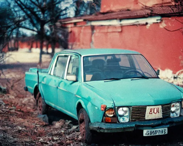 Image similar to a lomographic photo of old lada 2 1 0 7 standing in typical soviet yard in small town, hrushevka on background, cinestill, bokeh