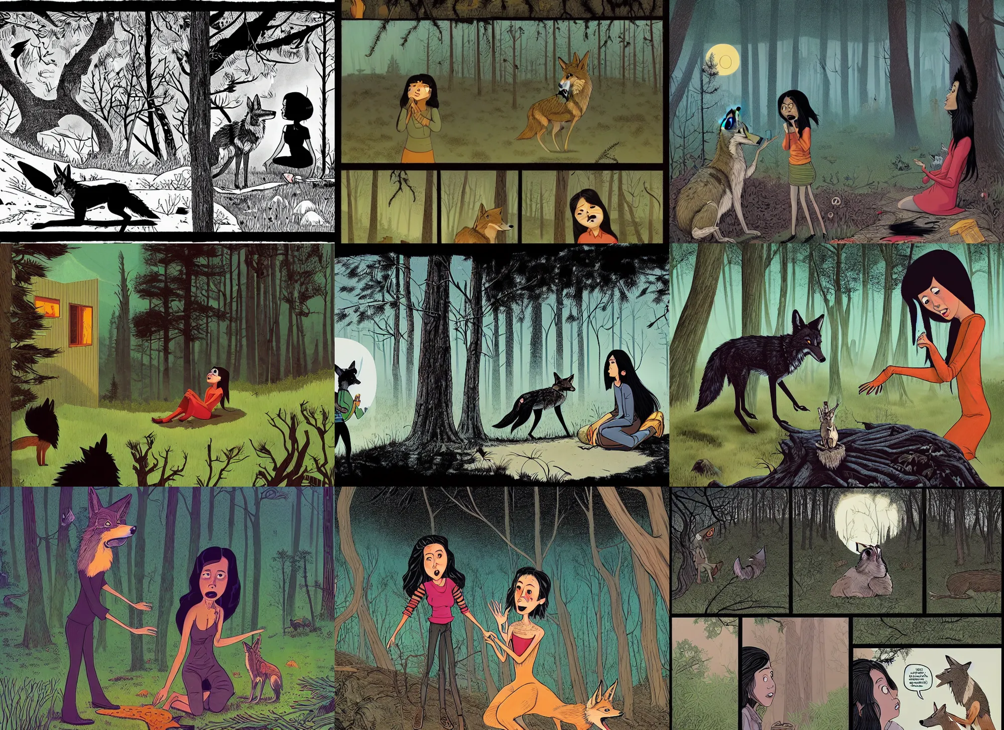 Prompt: a young black haired woman speaks to a coyote at her house on a forested hill in a city. dynamic conversation, jon macnair, gary baseman, flat matte art, pedro correa, mort drucker, story book, jakub rebelka, intricate detailed, nettie wakefield, horror vacui