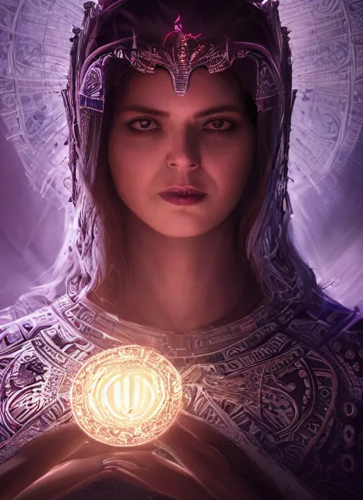 Image similar to portrait, queen of death, glowing halo, mandala, bokeh on background, dramatic lighting, cinematic, establishing shot, extremly high detail, foto realistic, cinematic lighting, post processed, concept art, artstation, matte painting, style by eddie mendoza, raphael lacoste, alex ross. 3d. octane render. by Tooth Wu and wlop and beeple and dan mumford