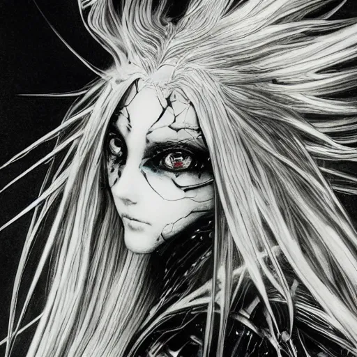 Prompt: Yoshitaka Amano realistic illustration of an anime girl with wavy white hair fluttering in the wind and cracks on her face wearing Elden ring armour with the cloak, abstract black and white patterns on the background, noisy film grain effect, highly detailed, Renaissance oil painting, weird portrait angle