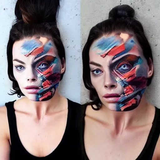 Image similar to face morph tattoo design of margot robbie and beautiful mountain scenery, in the style of arlo dicristina, amazing detail, mash up