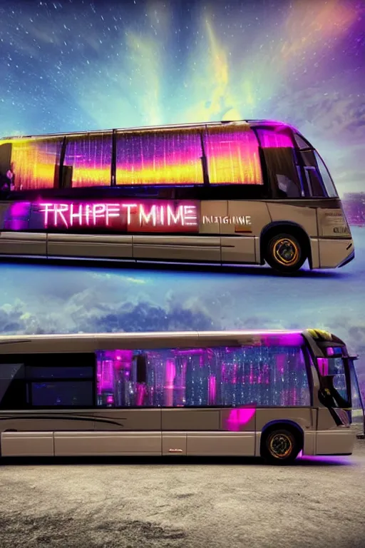 Prompt: photo of a futuristic nightliner tourbus outside in new york at night, printed band name on the nightliner is tripmachine, realistic digital art, textured with a 3 d render of a huge futuristic steampunk generator, 8 k, fluorescent colors, halluzinogenic, multicolored, exaggerated detailed, unreal engine