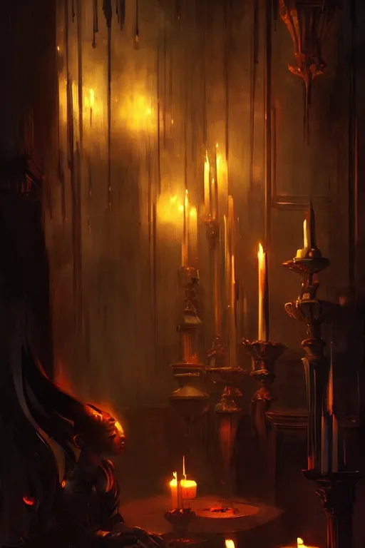 Image similar to dreamy dark hall with candles and dripping wax, fantasy art by bayard wu, trending on artstation, camille corot, stephan martiniere