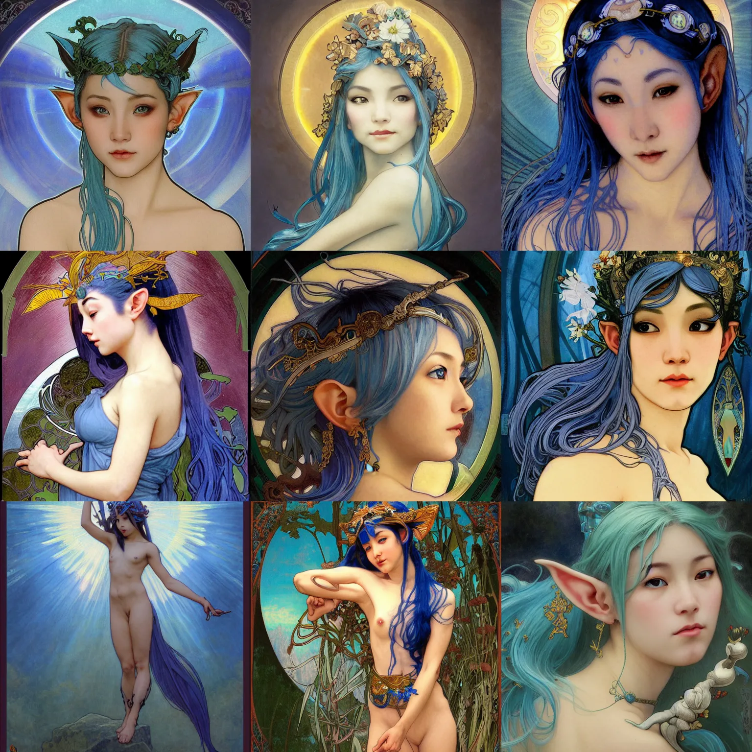 Prompt: stunning, breathtaking, awe-inspiring award-winning concept art nouveau painting of attractive Asian elf nymph with blue hair and elven ears, as the goddess of the sun, with anxious, piercing eyes, by Alphonse Mucha, Michael Whelan, William Adolphe Bouguereau, John Williams Waterhouse, and Donato Giancola, cyberpunk, extremely moody lighting, glowing light and shadow, atmospheric, cinematic, 8K