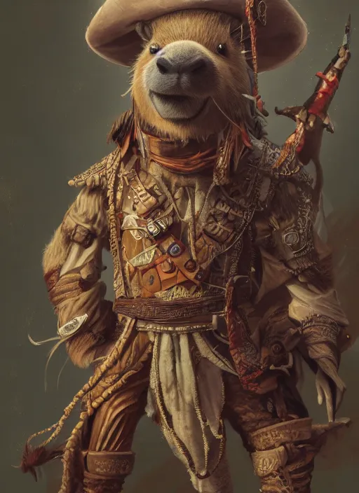 Prompt: detailed concept art illustration painting of an anthropomorphic capybara pirate in full intricate clothing, ultra detailed, digital art, octane render, 4K