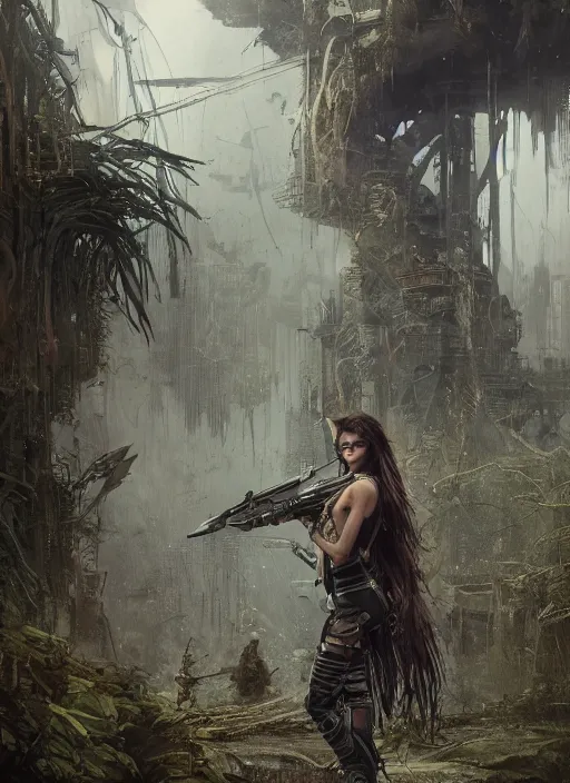 Prompt: young very beautiful cute tribal woman with a futuristic gun, in a post apocalyptic city overgrown with lush vegetation, by Luis Royo, by Greg Rutkowski, dark, gritty, intricate, volumetric lighting, volumetric atmosphere, concept art, cover illustration, octane render, trending on artstation, 8k