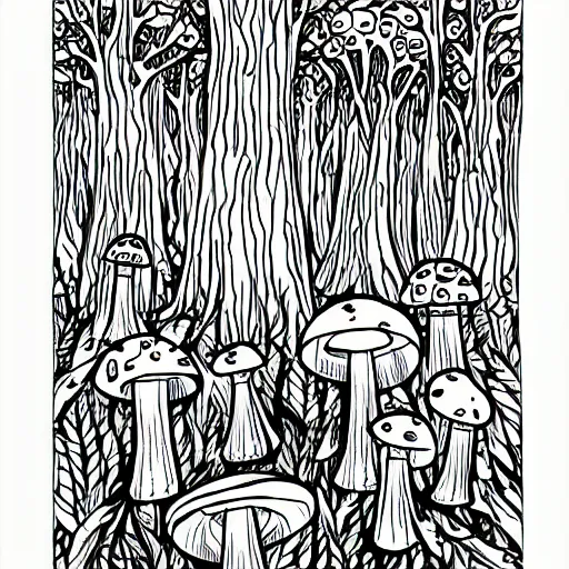 Prompt: mushroom forest, bold line art, inktober