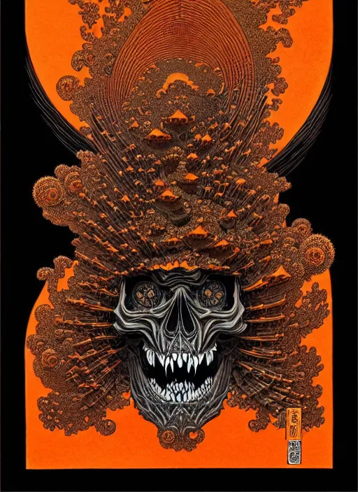 Prompt: detailed mighty skull god, by hokusai and james gurney + black paper with intricate and vibrant orange line work + tarot card + mandelbulb fractal + full of silver layers + portrait + trending on artstation + incredible orange and black gothic illustration + exquisite detail