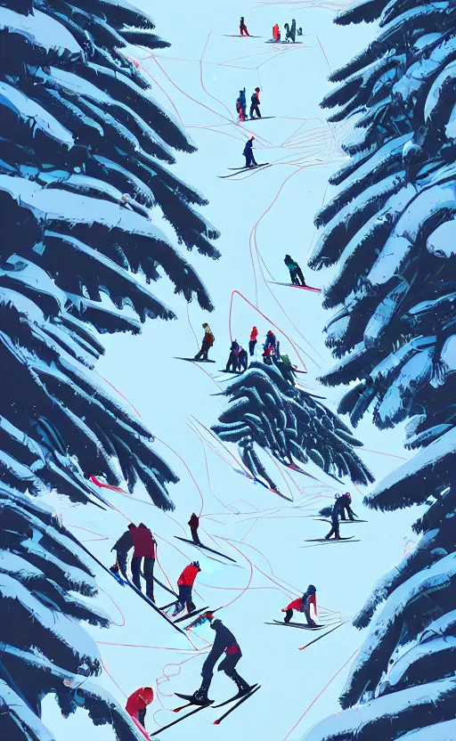 Image similar to by moebius and atey ghailan | the bottom of a ski slope with a huge pile of tangled up skiers |