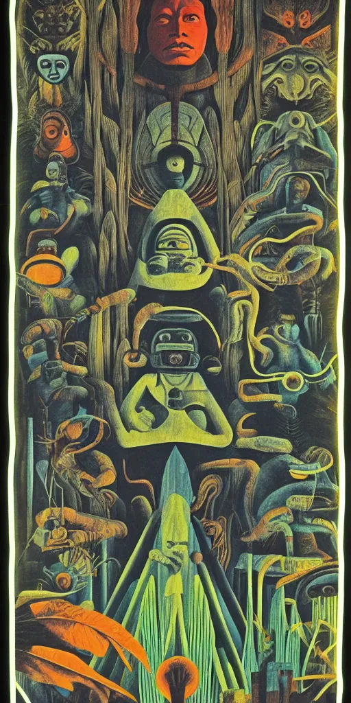 Image similar to 1968 science fiction movie poster, cut out collage, neon mayan, deep winter on Venus, epic theater, deep forest creatures, mountain plants, drawings in part by Diego Rivera, part by Ernst Haekl, text by William S Boroughs, written by Michael Ende