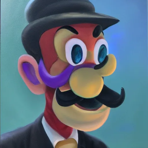 Image similar to Still oil painting of Waluigi. 8k. Trending. Good lighting.