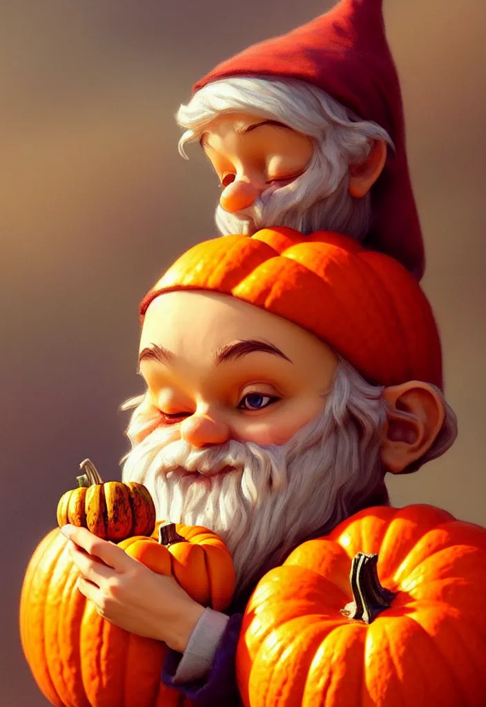 Image similar to hand drawn cute one gnomes face in autumn disguise holding pumpkin, detailed closeup face, concept art, low angle, high detail, warm lighting, volumetric, godrays, vivid, beautiful, trending on artstation, art by artgerm and greg rutkowski and alphonse mucha