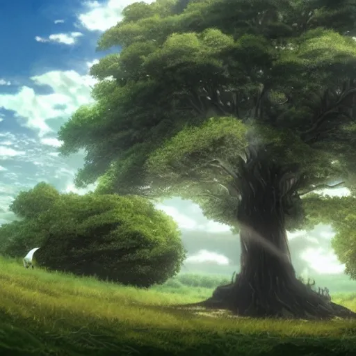 Image similar to big white whale flying near giant tree in the green field, anime, HD,