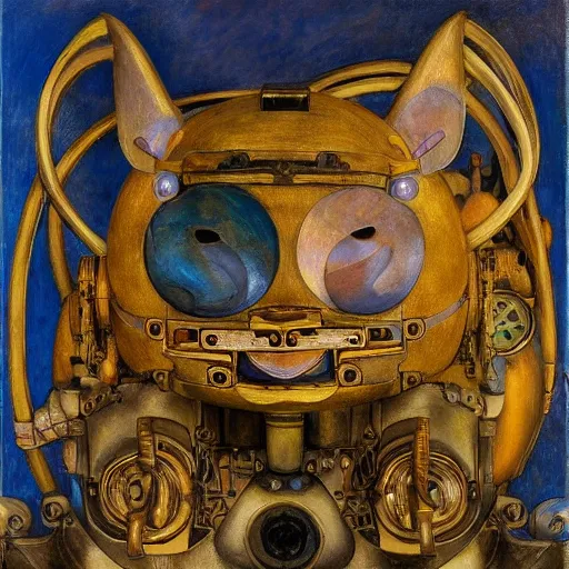 Image similar to the mechanical robot cat, by annie swynnerton and diego rivera, symbolist, dramatic lighting, elaborate geometric ornament, art brut, soft cool colors, smooth, sharp focus, extremely detailed, adolf wolfli and ( donato giancola )