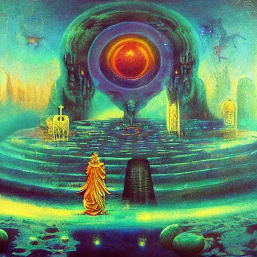 Image similar to the sacred goddess, hermetic, occult, surreal, hidden knowledge by Paul Lehr, Karl Kopinski, Ayahuasca'