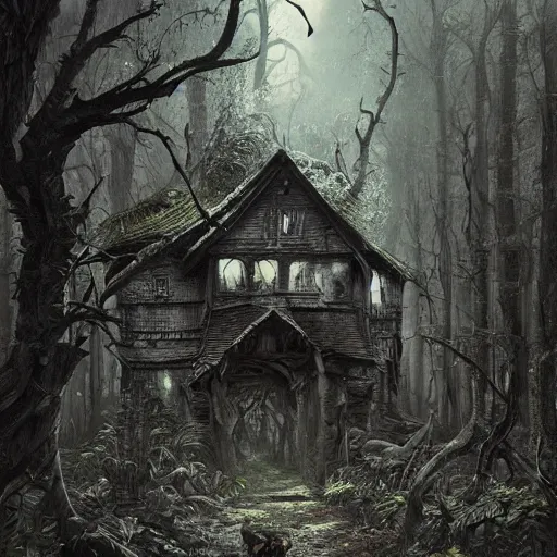 Prompt: dilapidated broken wooden house, tucked within the witchwood forest, evil fairies, overgrown, detailed intricate ink illustration, dark atmosphere, detailed illustration, hd, 4k, digital art, overdetailed art, concept art, by greg rutkowski, by loish, complementing colors, Trending on artstation, deviantart