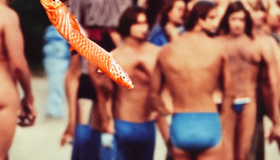 Image similar to 7 0 s movie still of putin in speedo, proudly holding a salmon, focus on face. cinestill 8 0 0 t _ 3 5 mm eastmancolor, heavy grain, high quality, high detail