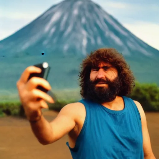 Prompt: caveman taking a selfie in front of a volcano with dinosaurs in the background, 3 5 mm film