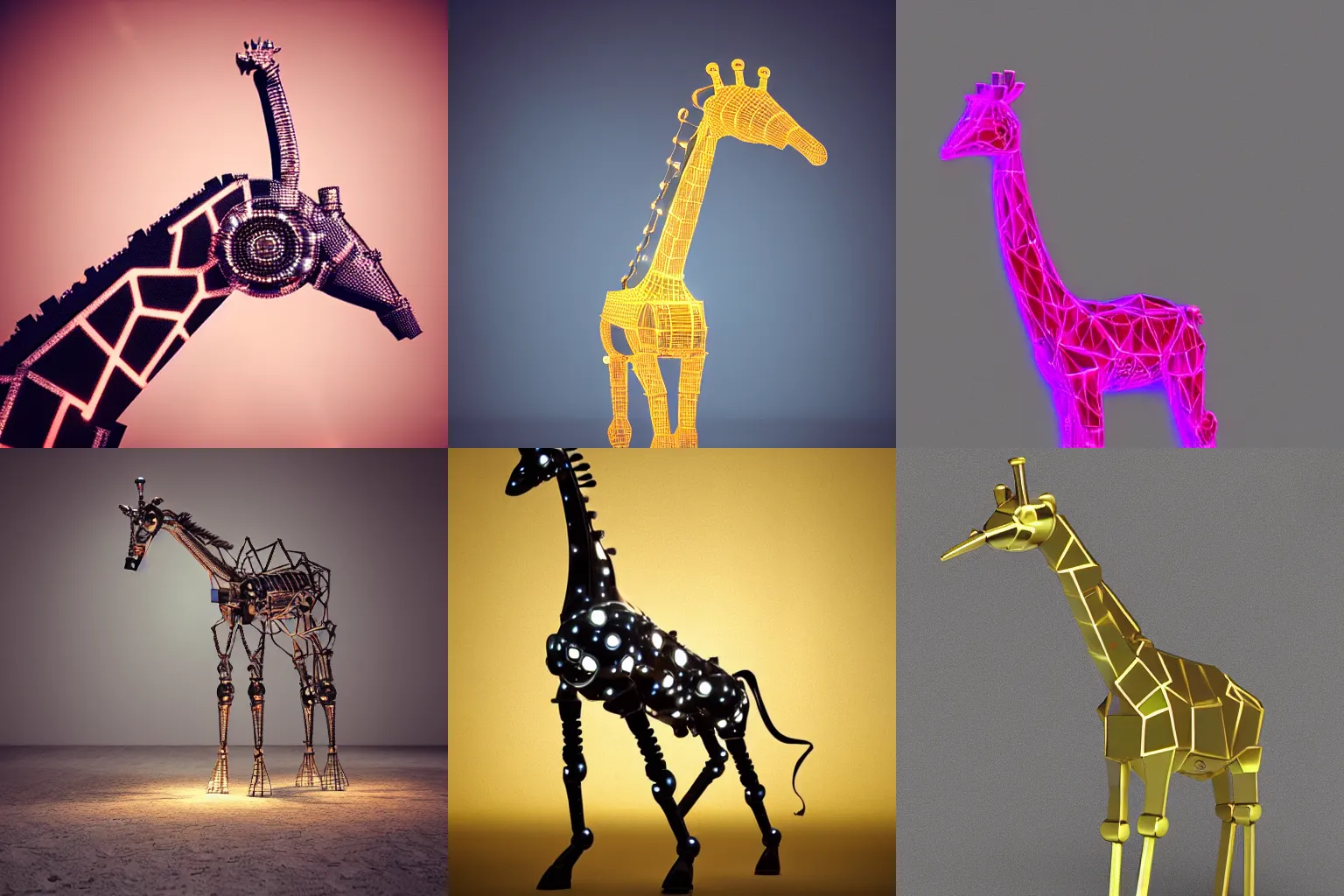 Prompt: a robot metal giraffe, glowing, studio lighting, 3d render, photorealistic