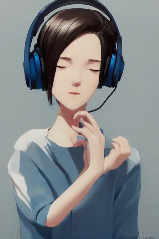 Image similar to a cute young woman leaning on a concrete wall while listening to music with her eyes closed and wearing headphones by Ilya Kuvshinov and Range Murata, white bob cut hair, blue filter, blue and white, soft lighting, atmospheric, cinematic atmosphere, moody, Krenz Cushart, digital painting, 8k