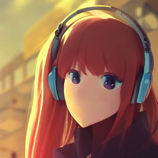 Image similar to high quality portrait of a white long hair red eyed young cute girl wearing a headset. art by makoto shinkai, crunchyroll, pixiv, danbooru, hd, headshot, cinematic still, detailed anime face, bokeh, digital art, cel shading, vivid colors, ambient lighting