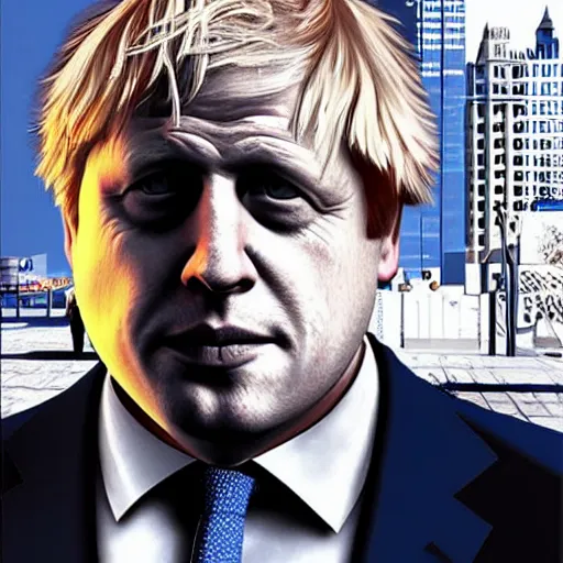 Prompt: Boris Johnson in gta cover art, lots of detail, ultra HD