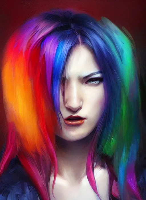 Prompt: a young woman with beautiful rainbow hair. she looks very angry. beautiful painting by artgerm and greg rutkowski