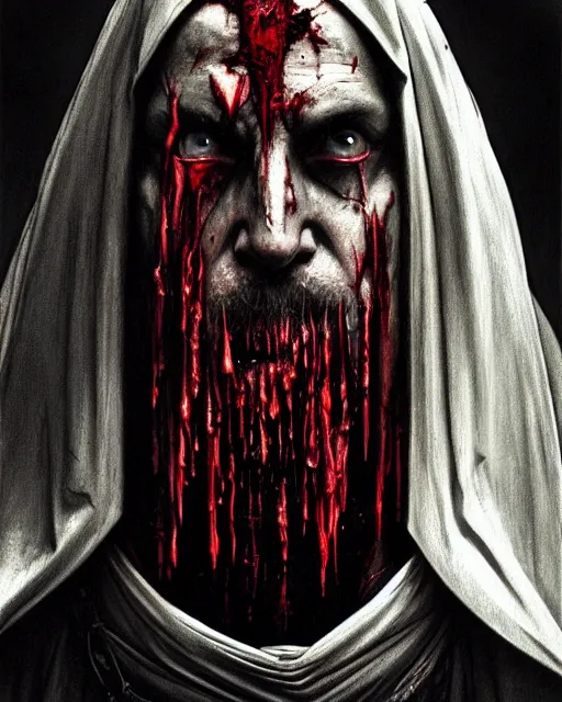 Image similar to realistic wide angle portrait of an evil bishop, dark magic, heroic pose, full body, dramatic lighting, dark and horror, dust and blood, intricate, wild, highly detailed, digital painting, artstation, concept art, smooth, sharp focus, illustration, art by artgerm and greg rutkowski and alphonse mucha, footage from space camera