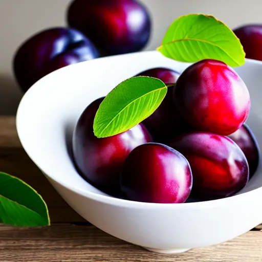 Image similar to a thick porcelain bowl filled with a few moist freshly picked plums on a wooden table. volumetric lighting. 4 k. small scale. realistic.