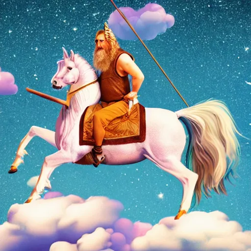 Image similar to big lebowski riding a unicorn, cinematic lighting, award winning photography