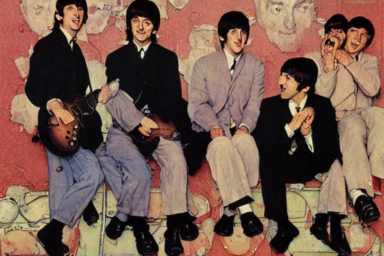 Prompt: painting of The Beatles, by Norman Rockwell