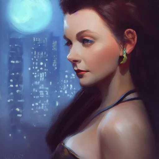 Image similar to closeup portrait of a young vivian leigh, dramatic lighting, city background, night, moon, chiaroscuro, high detail, painted by greg rutkowski, painted by igor kieryluk, painted by bobby chiu, trending on artstation