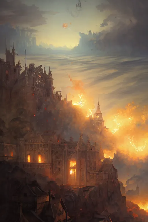 Image similar to baroque oil painting of anime key visual environment concept art of anime rail canon artillery firing over castle walls, smoke debris, grimdark steampunk fantasy, battlefield, trending on artstation, brush strokes, oil on canvas, style of kawacy and makoto shinkai and greg rutkowski and studio ghibli