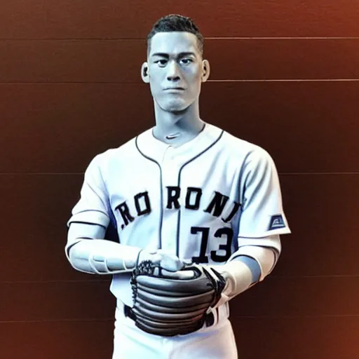 Image similar to “a realistic detailed photo of a guy who is an attractive humanoid who is half robot and half humanoid, who is a male android, baseball player Aaron Judge, shiny skin, posing like a statue, blank stare”