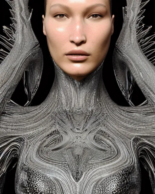 Image similar to a highly detailed metahuman 8 k close up render of bella hadid in iris van herpen dress in style of alex grey trending on artstation made in unreal engine 4