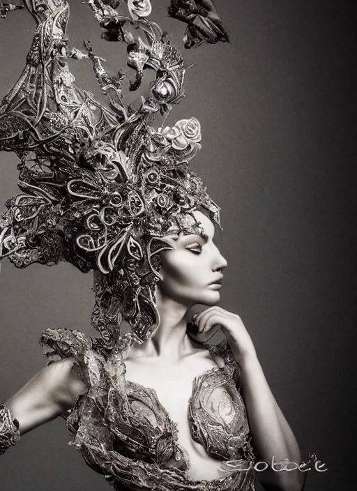 Image similar to a portrait of female model by stefan geselle and nekro borja, photorealistic, intricate details, hyper realistic, fantasy, elegant, ornate metal headpiece, photorealistic, canon r 3, photography, wide shot, symmetrical features, wide angle shot, perfect body, standing pose, feet on the ground