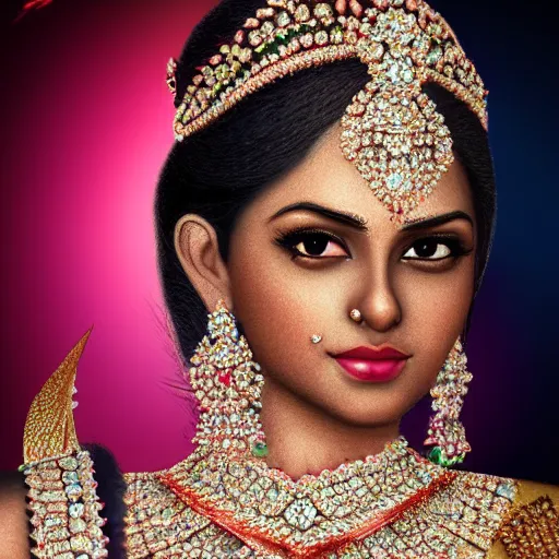 Image similar to portrait of wonderful hindi princess of diamond with dark skin, ornate with diamonds, 8 k, gorgeous, intricate, detailed, glowing white accent lighting, dramatic lighting, octane render