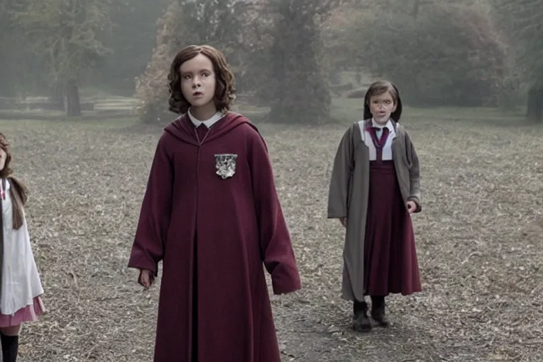 Prompt: film still Millie Bobby Brown as Hermione Granger wearing hogwarts uniform in Harry Potter movie