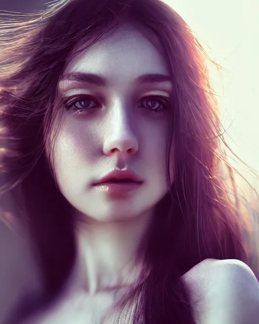 Image similar to photo half body portrait of woman in her 2 0 s, realism, extreme detail, real life skin, key art, soft light, volumetric light, 3 - d shadows, photo by ross tran, photoshoot