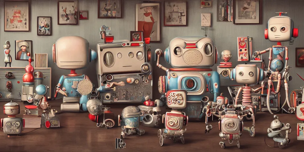 Image similar to closeup portrait of tin toy retro living room of robot family, depth of field, zeiss lens, detailed, centered, fashion photoshoot, by nicoletta ceccoli, mark ryden, lostfish, breathtaking, 8 k resolution, extremely detailed, beautiful, establishing shot, artistic, hyperrealistic, octane render, - h 8 0 4