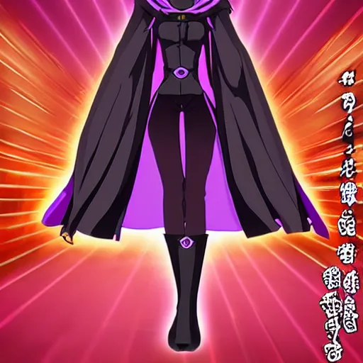 Image similar to an attractive anime female necromancer mage symmetrical, donned in black cloak with purple staff full view of character in frame